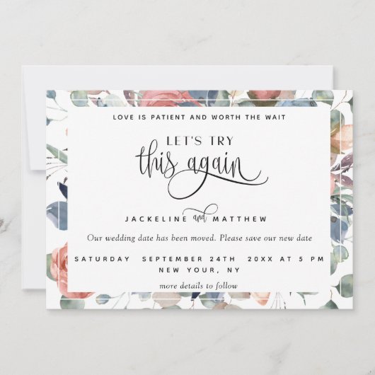 Laten we dit opnieuw proberen, Dusty Blue en Blush Save The Date (Voorkant)