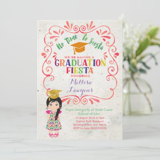 Laten we een afstudeerfeest vieren Fiesta Uitnodig Kaart (Staand voorkant)