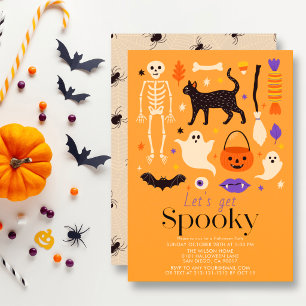 Laten we een enge oranje Halloween-feest geven Kaart