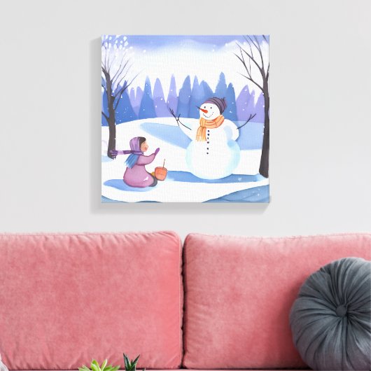 Laten we een sneeuwpop bouwen | Waterverf Wintersc Canvas Afdruk (Insitu (Woonkamer))