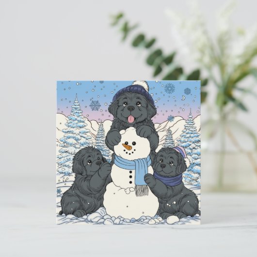 Laten we een Snowman Newfoundland puppy hond bouwe Feestdagenkaart (Staand voorkant)