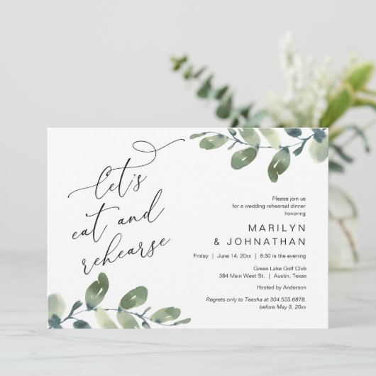 Laten we eten en repeteren, bruiloft repetitie din kaart (Staand voorkant)