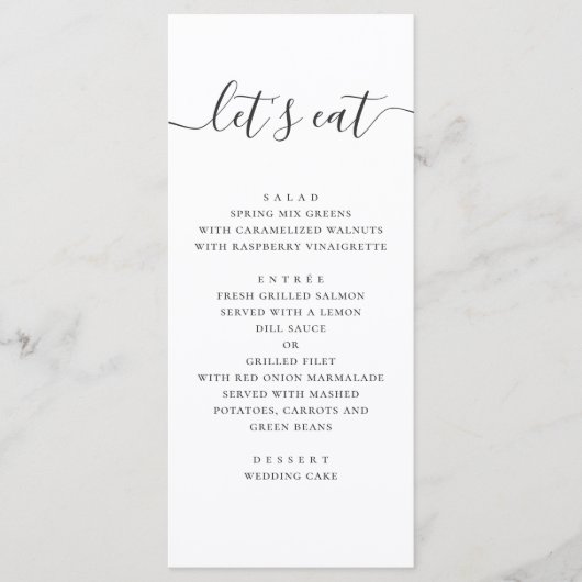Laten we eten. Zwart-wit, eenvoudig script bruilof Menu (Voorkant)