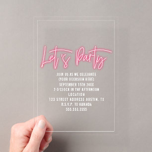 Laten we feest Neon Script Algemeen Elke gelegenhe Acryl Uitnodigingen