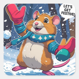 Laten we Feestelijk Worden Funny Hamster Sneeuwbal Vierkante Sticker