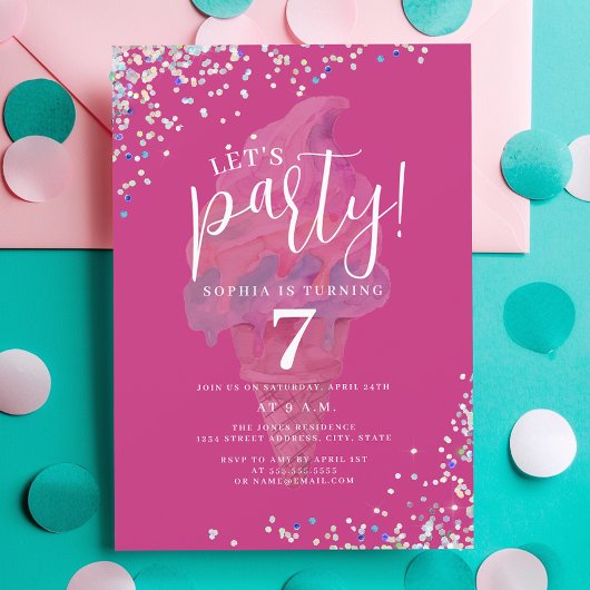 Laten we feesten regenboog heet roze ijs verjaarda kaart