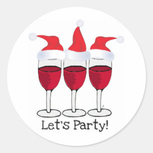 LATEN WE FEESTEN RODE WIJN EN KERSTMIS PETTEN PRIN RONDE STICKER