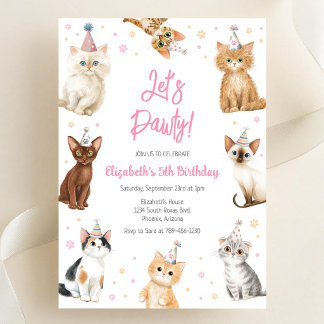 Laten we feestkat kitten verjaardagsfeest uitnodig kaart