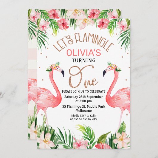 Laten we flamingeren flamingo 1e verjaardag uitnod kaart (Voorkant / Achterkant)