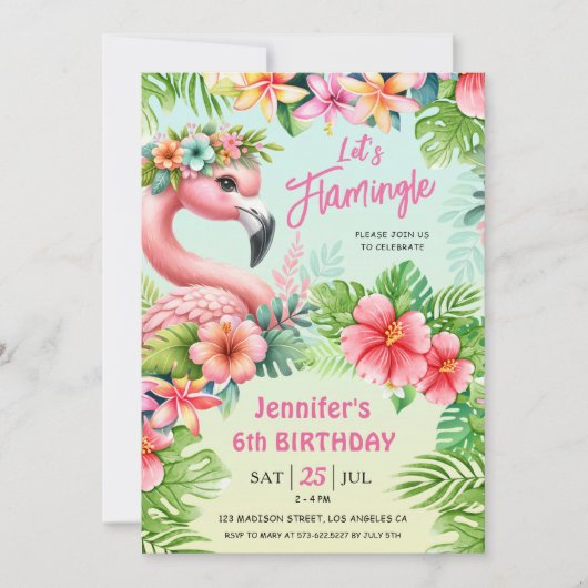 Laten we Flamingle Meisjes Roze Flamingo 6e Verjaa Kaart (Voorkant)