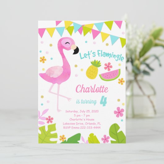 Laten we Flamingo Verjaardag uitnodiging (Staand voorkant)