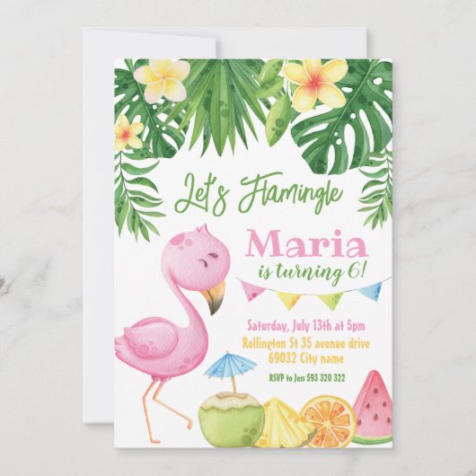 Laten we Flamingo Verjaardag uitnodiging (Voorkant)