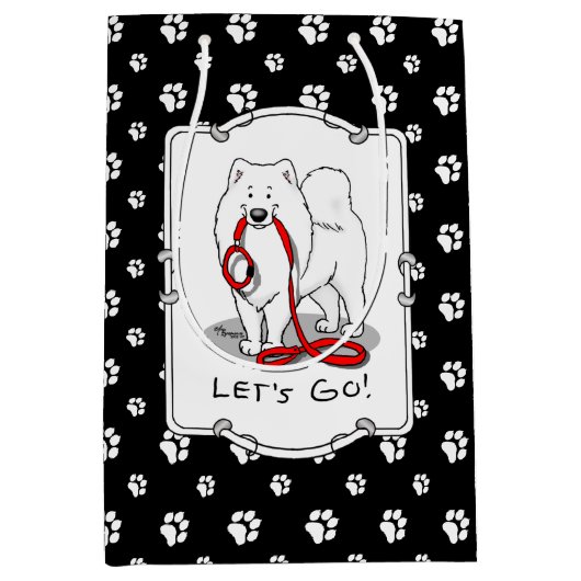 Laten we gaan! Samoyed w red leash Funny Medium Cadeauzakje (Voorkant)
