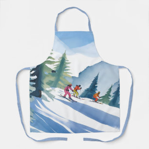 Laten we gaan skiën Winter Watercolor Schilderij Schort
