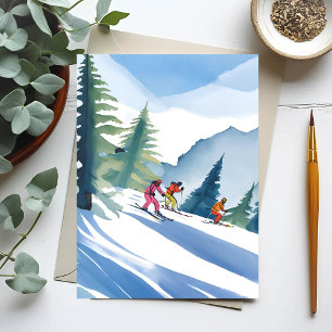 Laten we gaan skiën   Winter Waterverf Briefkaart