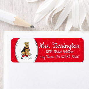 Laten we gaan! Welsh Terrier Dog met red leash Fun Etiket