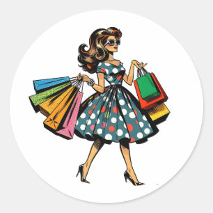 Laten we gaan winkelen! Grappige vrouw met tassen Ronde Sticker