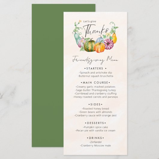 Laten we geven Bedankt pompoen Thanksgiving diner Menu (Voorkant / Achterkant)