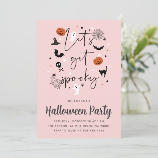 Laten we griezelig Halloween Party Roze krijgen Kaart (Staand voorkant)