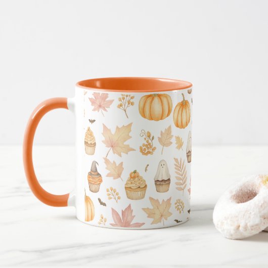 Laten we griezelig worden met pompoenen, bladeren  mok (Met donut)