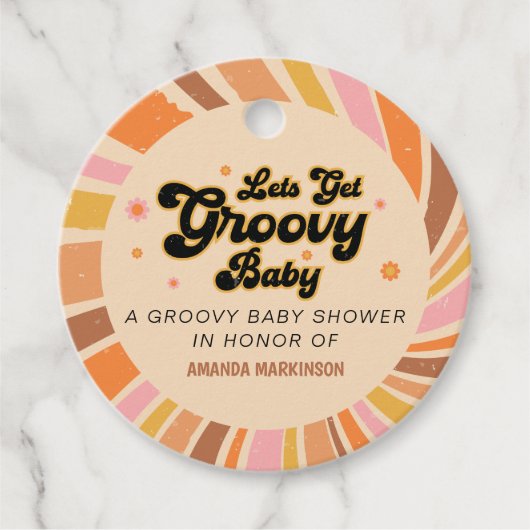 Laten we Groovy Retro Baby shower halen Bedankjes Labels (Voorkant)