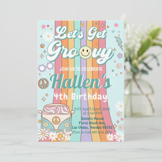 Laten we Groovy Retro Boho Daisy Rainbow Birthday  Kaart (Staand voorkant)