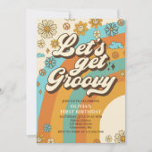 Laten we Groovy Retro Rainbow 1e verjaardagsfeestj Kaart (Voorkant)