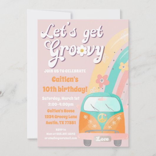 Laten we Groovy Verjaardag uitnodiging Hippie Retr (Voorkant)