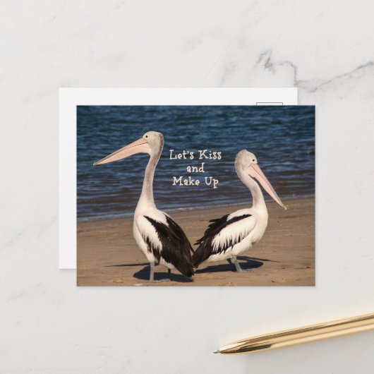"Laten we kus en make up" Pelicans op het strand Briefkaart (Voorkant / Achterkant in situ)