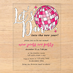 Laten we Nieuwjaar Pink Disco Bal Retro Dansen Acryl Uitnodigingen