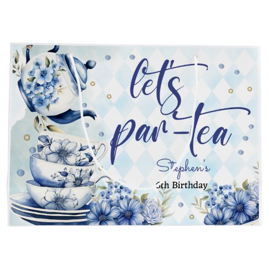 Laten we par-tea bloemenverjaardag voor kinderen groot cadeauzakje (Achterkant)
