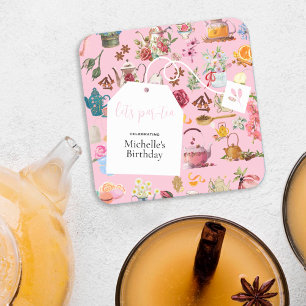 Laten we Par Tea Roze Lente Bloemen Verjaardagsfee Vierkante Kartonnen Onderzetter