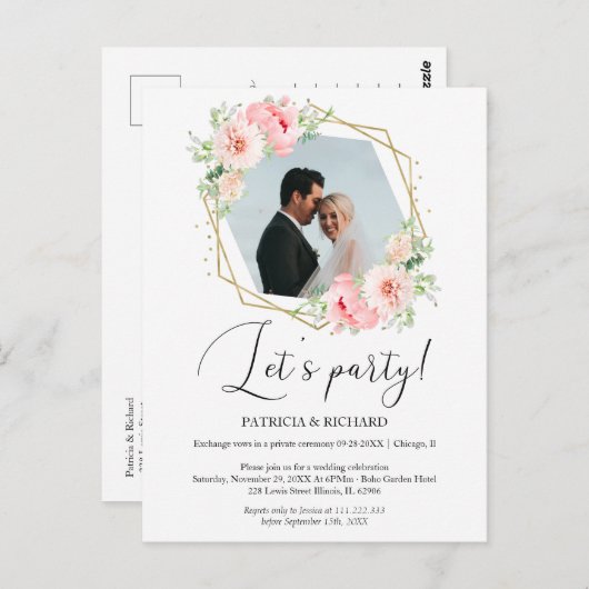 Laten we Party Blush Bloemen Eloped bruiloft recep Briefkaart (Voorkant / Achterkant)