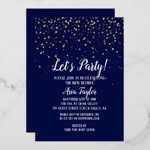Laten we 'Party Gold'-Confetti op Navy Blue Party  Folie Uitnodiging