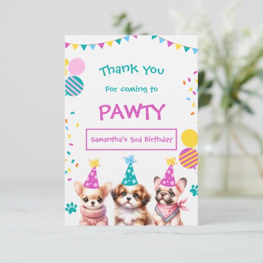 Laten we Pawty Cut Puppy Meisje Verjaardag Dank u  Bedankkaart (Staand voorkant)