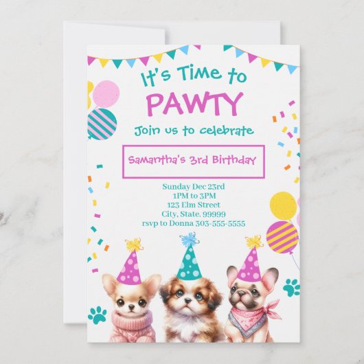 Laten we Pawty Cut Puppy Meisje Verjaardag Uitnodi Kaart (Voorkant)