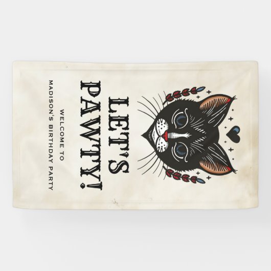 Laten we Pawty Kitten Cat Rockabilly Verjaardag We Spandoek (Horizontaal)