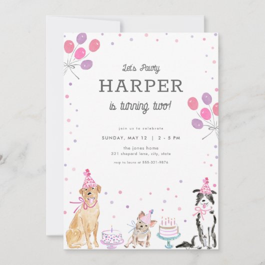 Laten we Pawty Pink Girl Dog Verjaardag Uitnodigin Kaart (Voorkant)