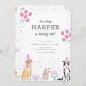 Laten we Pawty Pink Girl Dog Verjaardag Uitnodigin Kaart (Voorkant / Achterkant)