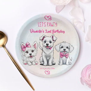 Laten we pawty roze schattige puppies birthday ged papieren bordje