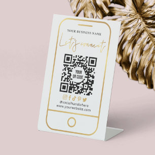 Laten we QR Code White en Gold Scannable verbinden Reclamebord Met Voetstuk