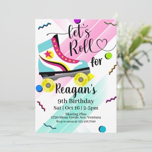 Laten we Roll, Roller Skating Invitation, 80's rol Kaart (Staand voorkant)