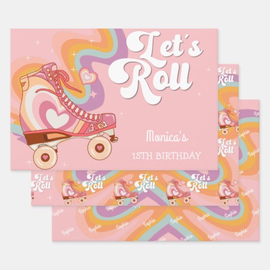 Laten we rollen retro roller schaats verjaardag inpakpapier vel (Set)