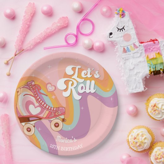 Laten we rollen retro roller schaats verjaardagsfe papieren bordje (Feest)