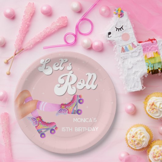 Laten we rollen retro roller schaats verjaardagsfe papieren bordje (Feest)