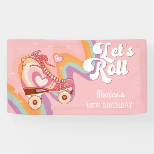 Laten we rollen retro roller schaats verjaardagsfe spandoek (Horizontaal)