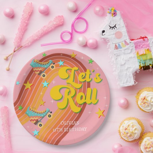 Laten we roller schaats retro regenboog papieren bordje (Feest)