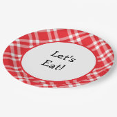 Laten we rood en wit plaid eten papieren bordje (Gekanteld)