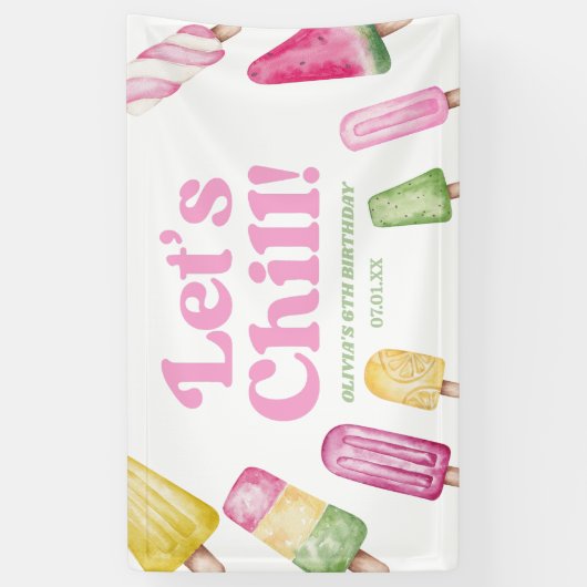 Laten we roze Retro Popsicle verjaardagsfeestje ko Spandoek (Verticaal)