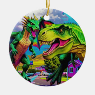 Laten we spelen - Groene Draak en Dinosaurus Keramisch Ornament